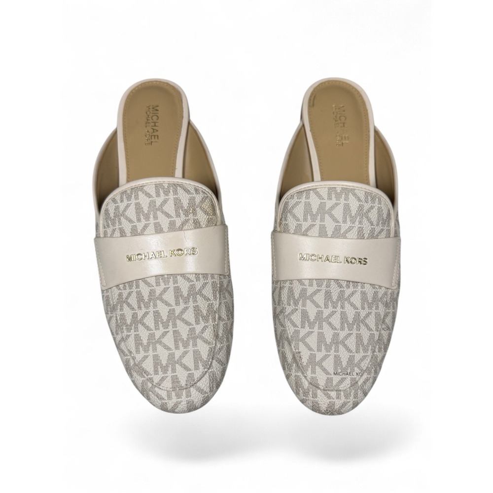 Michael Kors Womens Cream MK Logo Monogram Pointed Toe Mule Loafers 8M PV24L